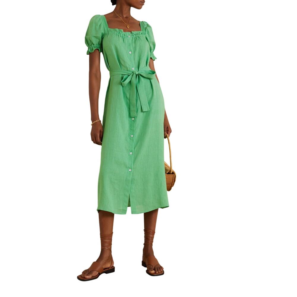 Sleeper Linen Green Brigitte Midi Dress Size M